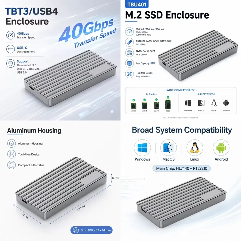 Usb4 40Gbps External Ssd 8Tb - Boîtier externe portable AP01 pour SSD